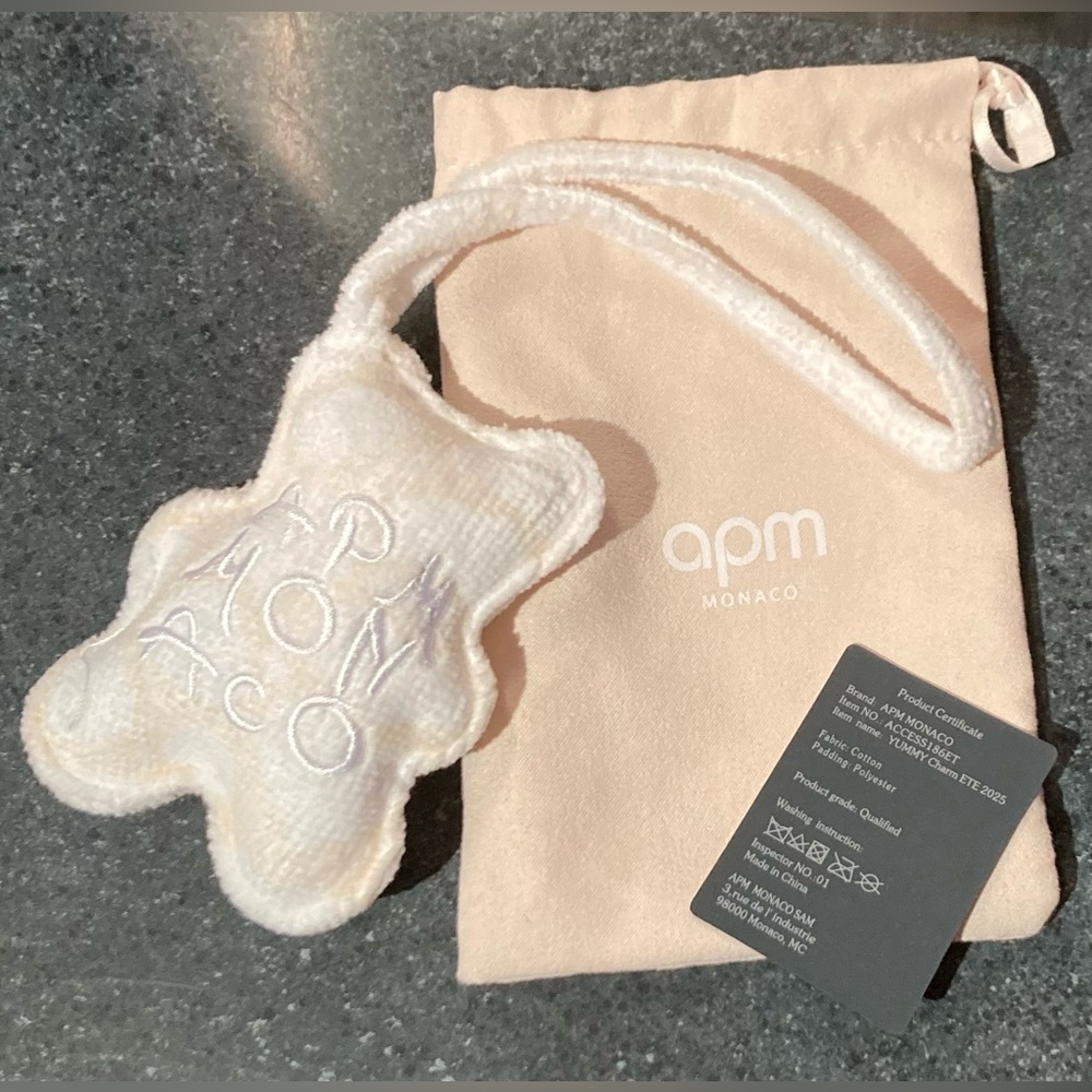 APM Monaco Off-White Towel Material Bear Shape Bag Tag + Velvet Drawstring Pouch